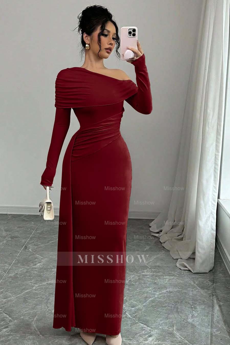 Pink Off-the-Shoulder Long Sleeves Bodycon Satin Ruching Floor Length Formal Evening Dress