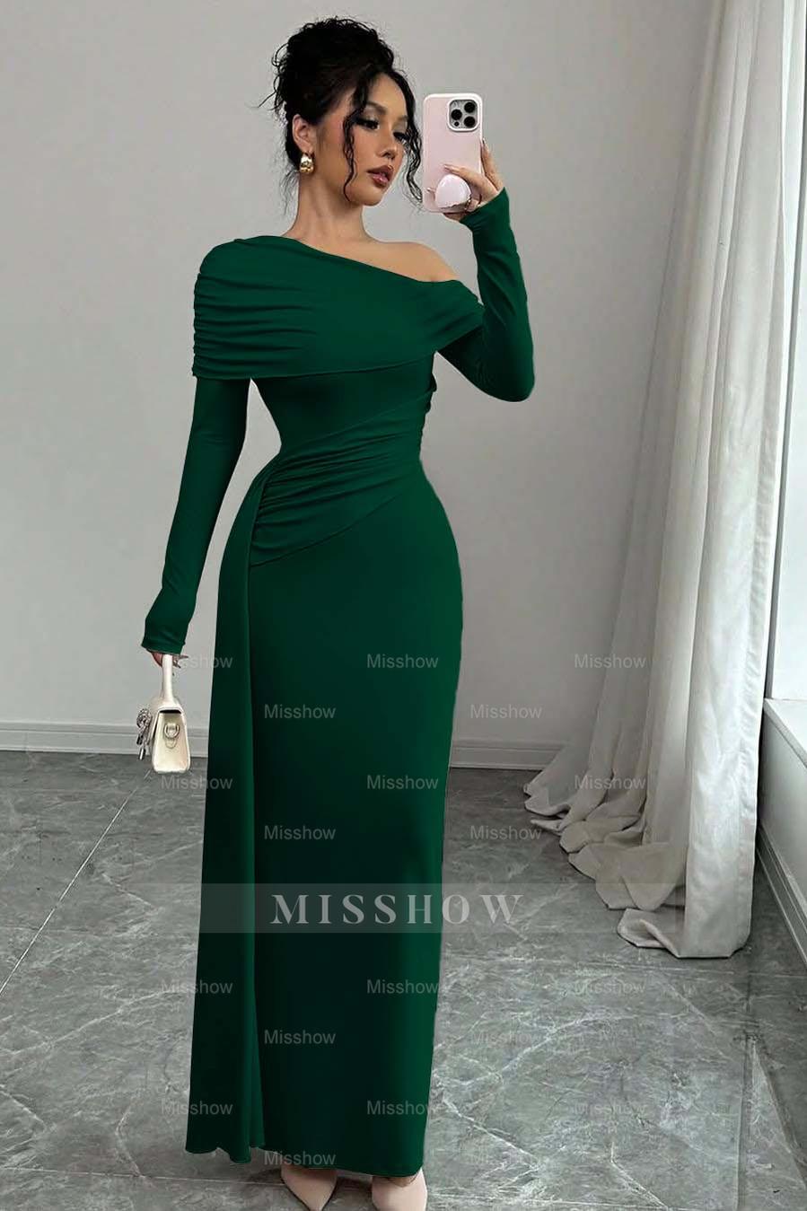 Pink Off-the-Shoulder Long Sleeves Bodycon Satin Ruching Floor Length Formal Evening Dress