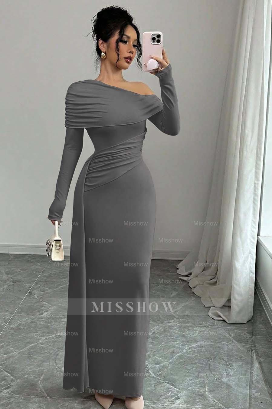 Pink Off-the-Shoulder Long Sleeves Bodycon Satin Ruching Floor Length Formal Evening Dress