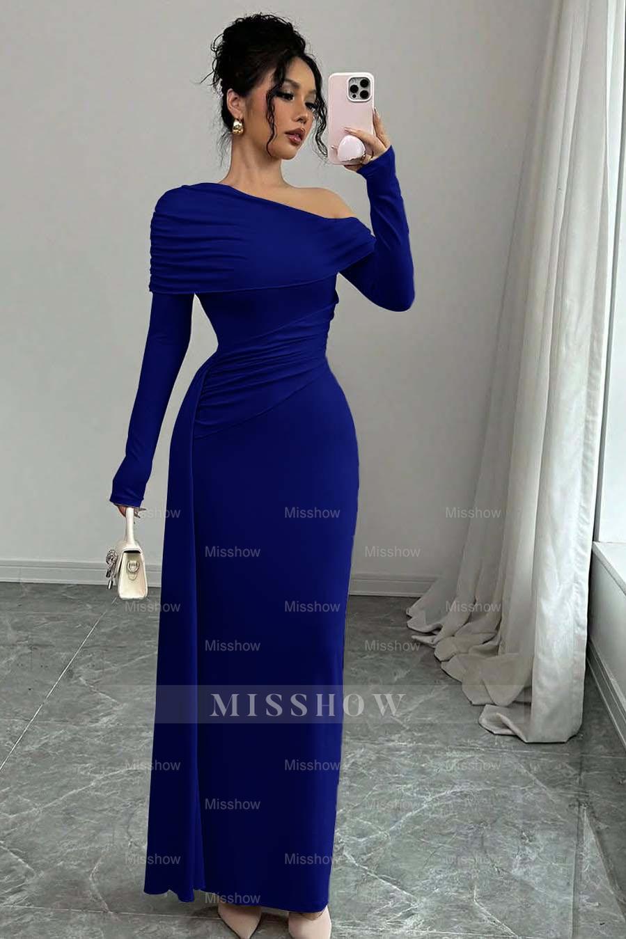 Pink Off-the-Shoulder Long Sleeves Bodycon Satin Ruching Floor Length Formal Evening Dress