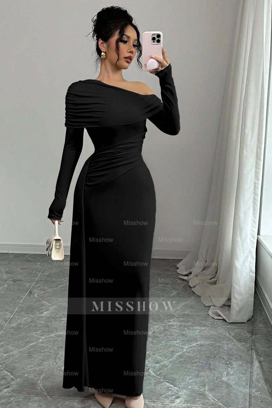 Pink Off-the-Shoulder Long Sleeves Bodycon Satin Ruching Floor Length Formal Evening Dress