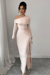Pink Off-the-Shoulder Long Sleeves Bodycon Satin Ruching Floor Length Formal Evening Dress