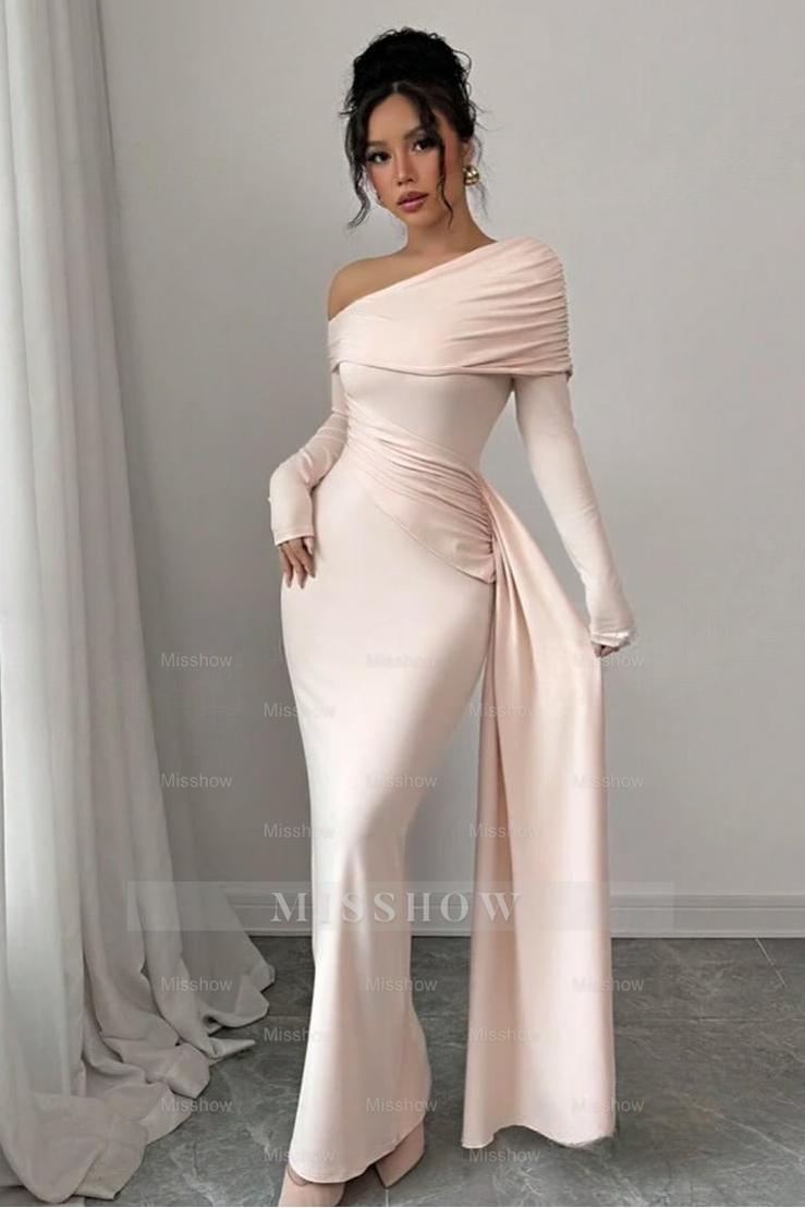 Pink Off-the-Shoulder Long Sleeves Bodycon Satin Ruching Floor Length Formal Evening Dress