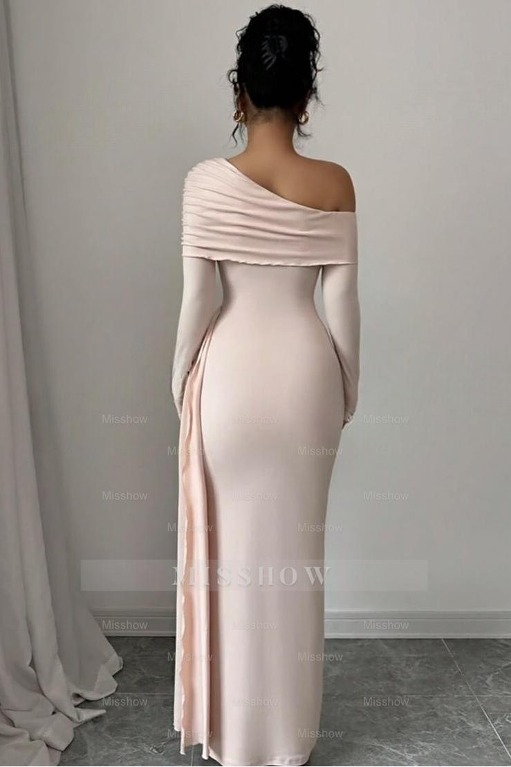 Pink Off-the-Shoulder Long Sleeves Bodycon Satin Ruching Floor Length Formal Evening Dress
