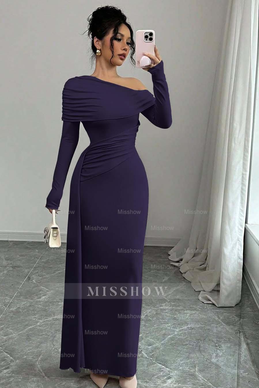 Pink Off-the-Shoulder Long Sleeves Bodycon Satin Ruching Floor Length Formal Evening Dress