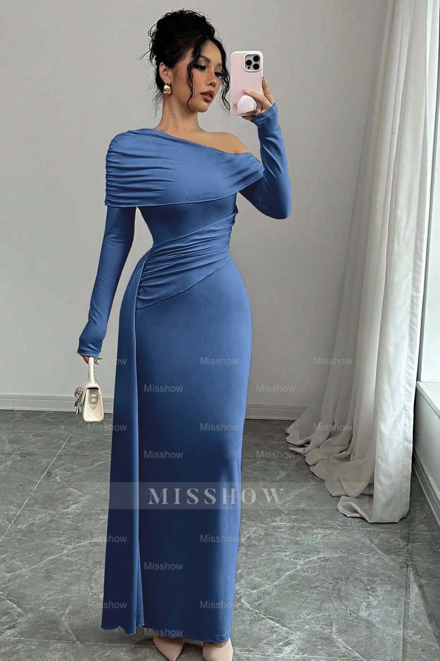Pink Off-the-Shoulder Long Sleeves Bodycon Satin Ruching Floor Length Formal Evening Dress