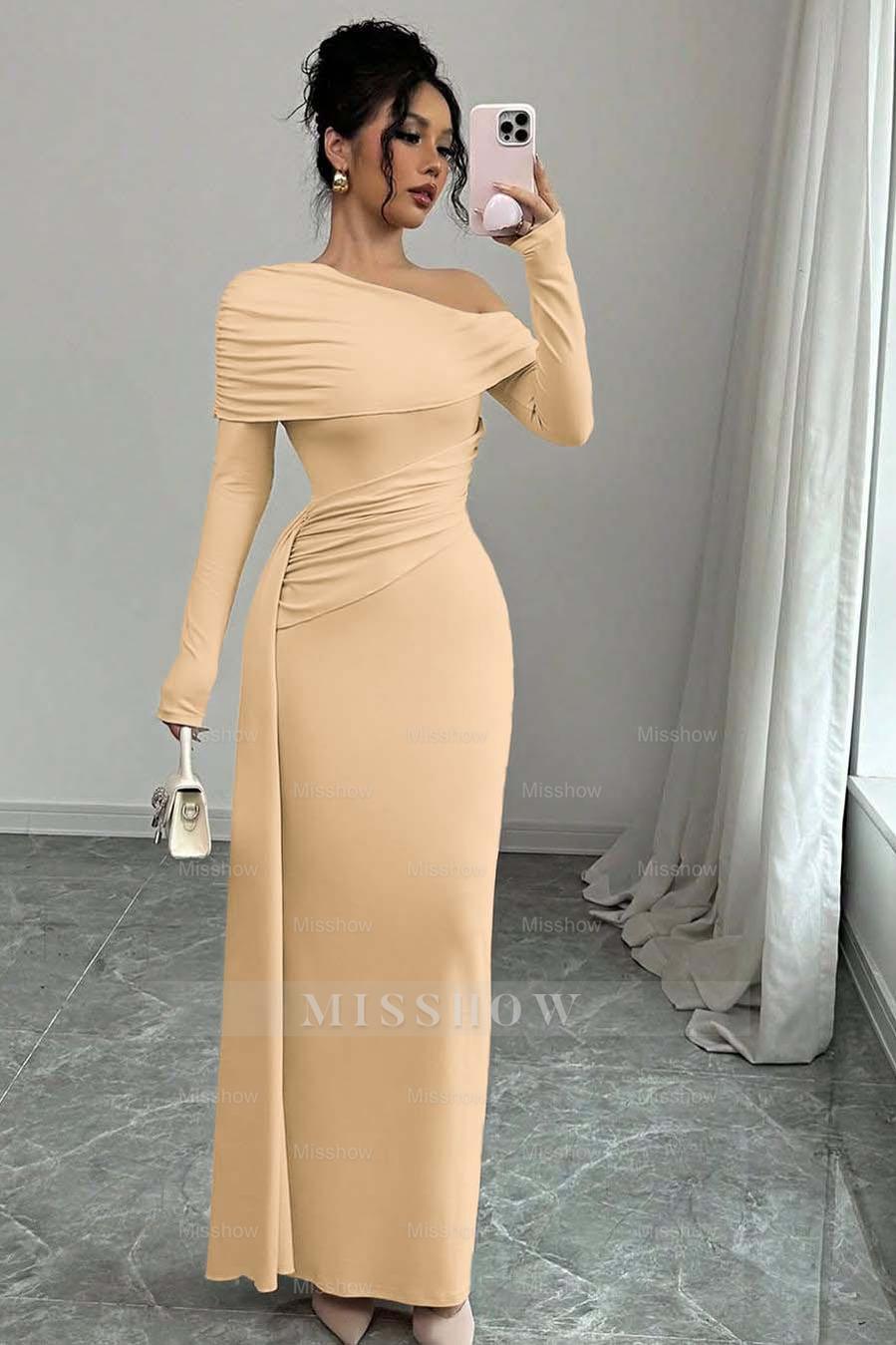 Pink Off-the-Shoulder Long Sleeves Bodycon Satin Ruching Floor Length Formal Evening Dress