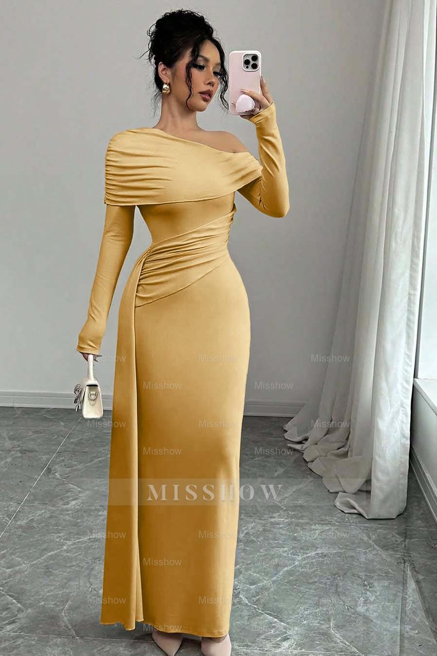 Pink Off-the-Shoulder Long Sleeves Bodycon Satin Ruching Floor Length Formal Evening Dress