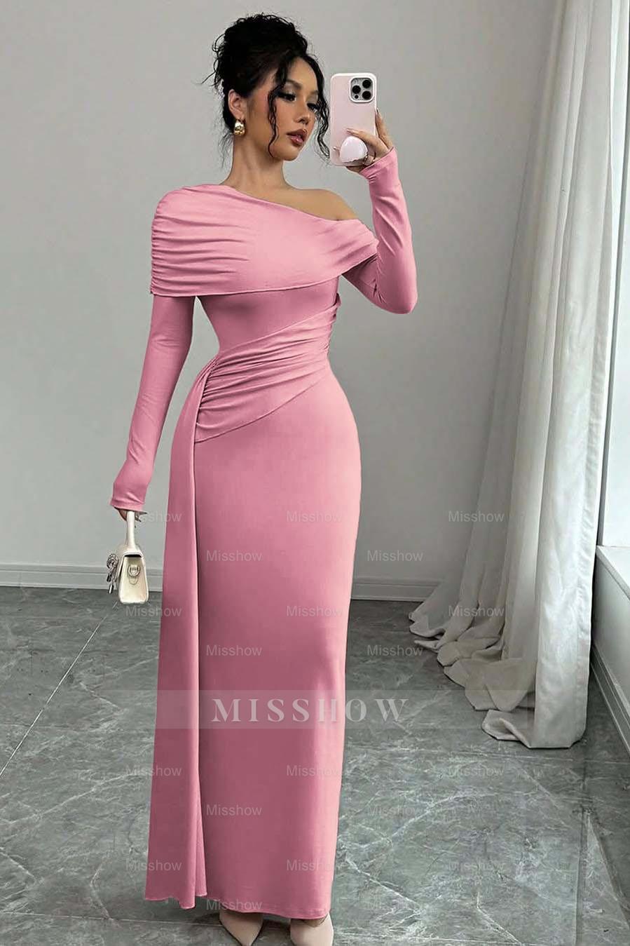 Pink Off-the-Shoulder Long Sleeves Bodycon Satin Ruching Floor Length Formal Evening Dress