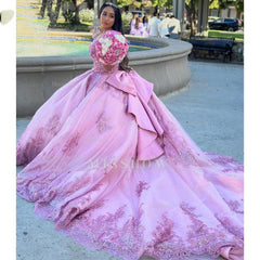 Pink Off-the-Shoulder Sleeveless Lace Applique Beaded Bow Ball Gown Quinceanera Dress