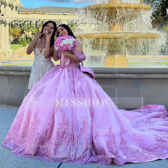 Pink Off-the-Shoulder Sleeveless Lace Applique Beaded Bow Ball Gown Quinceanera Dress