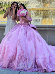 Pink Off-the-Shoulder Sleeveless Lace Applique Beaded Bow Ball Gown Quinceanera Dress