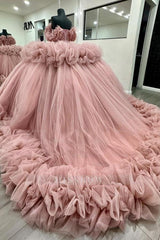 Pink Off-the-Shoulder Sleeveless Ruffled Beaded Rhinestone Ball Gown Quinceanera Dress