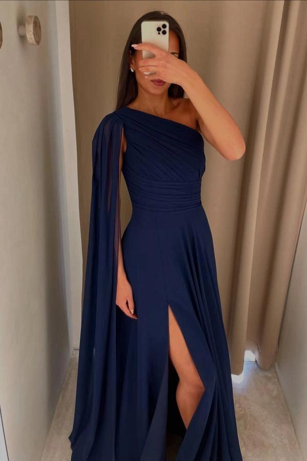 Pink One Shoulder Cape Sleeves A-Line Chiffon Ruched High Slit Floor Length Evening Gown