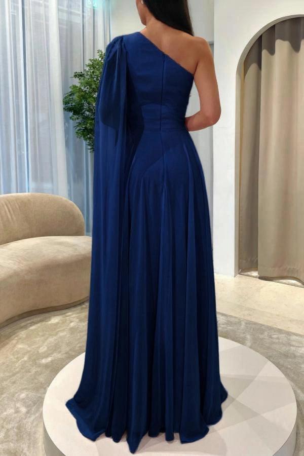 Pink One Shoulder Cape Sleeves A-Line Chiffon Ruched High Slit Floor Length Evening Gown