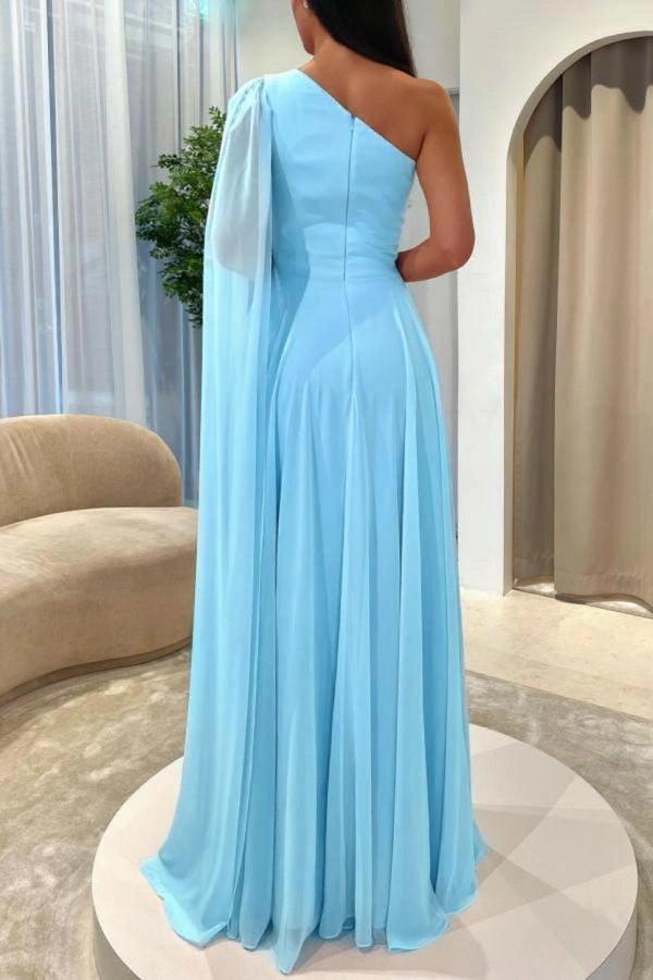 Pink One Shoulder Cape Sleeves A-Line Chiffon Ruched High Slit Floor Length Evening Gown