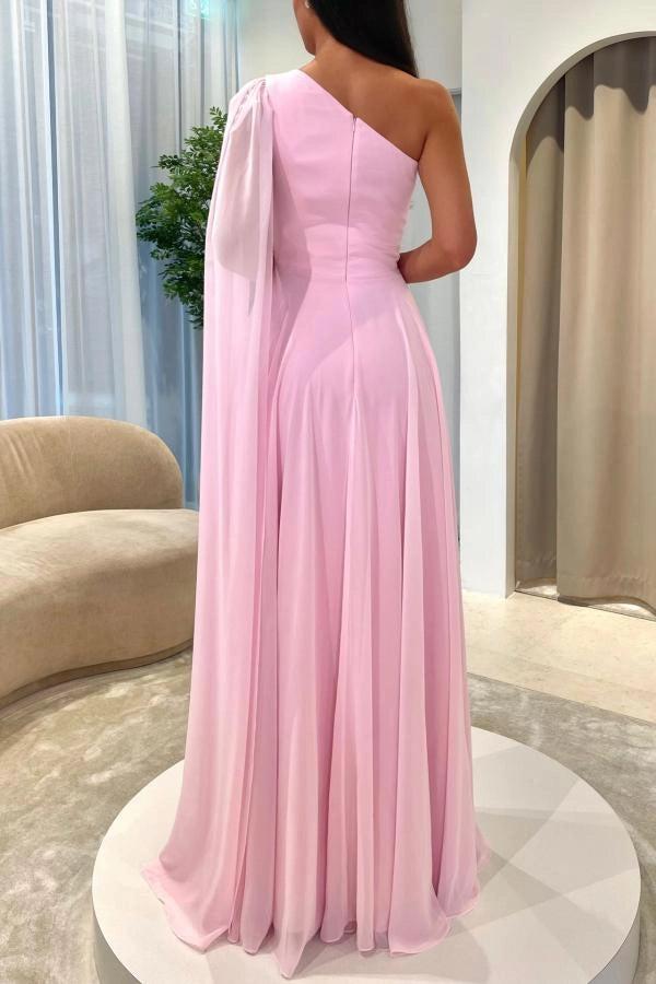 Pink One Shoulder Cape Sleeves A-Line Chiffon Ruched High Slit Floor Length Evening Gown