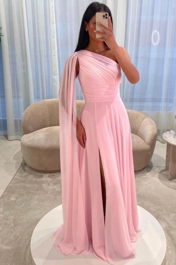 Pink One Shoulder Cape Sleeves A-Line Chiffon Ruched High Slit Floor Length Evening Gown
