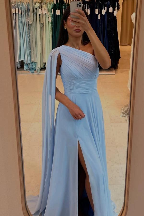 Pink One Shoulder Cape Sleeves A-Line Chiffon Ruched High Slit Floor Length Evening Gown