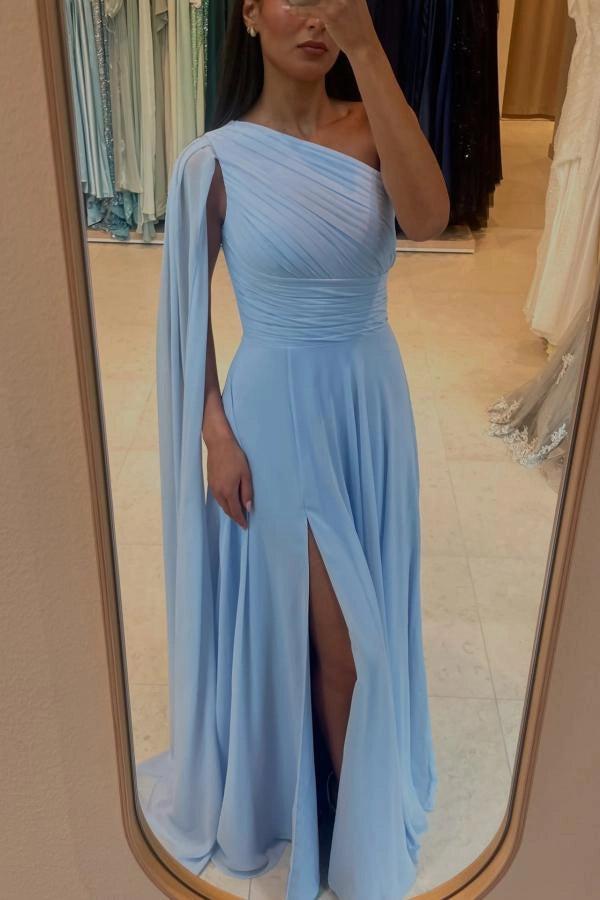 Pink One Shoulder Cape Sleeves A-Line Chiffon Ruched High Slit Floor Length Evening Gown