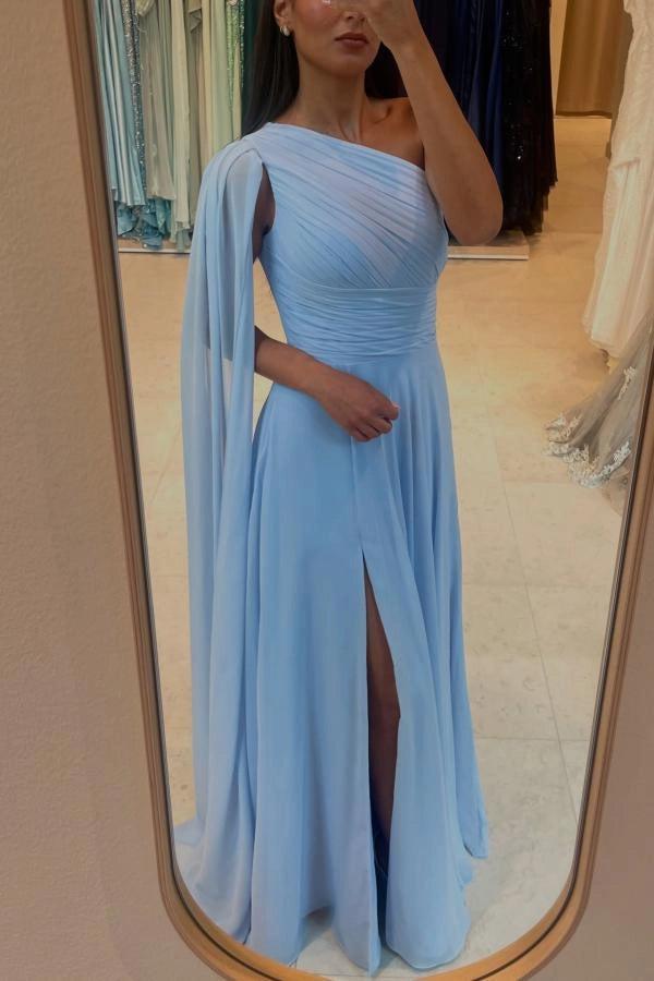Pink One Shoulder Cape Sleeves A-Line Chiffon Ruched High Slit Floor Length Evening Gown
