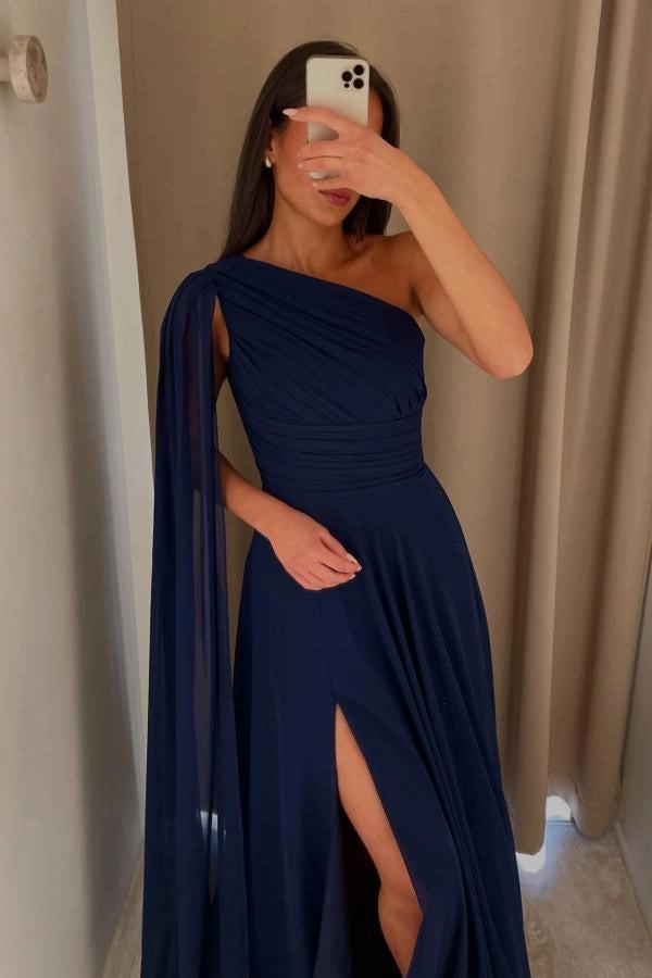Pink One Shoulder Cape Sleeves A-Line Chiffon Ruched High Slit Floor Length Evening Gown