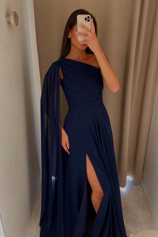 Pink One Shoulder Cape Sleeves A-Line Chiffon Ruched High Slit Floor Length Evening Gown