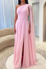 Pink One Shoulder Cape Sleeves A-Line Chiffon Ruched High Slit Floor Length Evening Gown