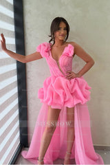 Pink One Shoulder Sleeveless Mermaid Organza Ruffled Floor Length Formal Evening Gown