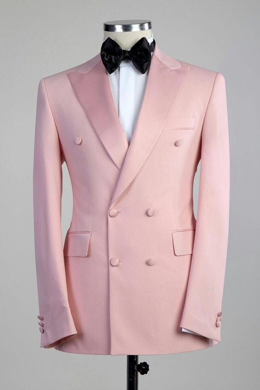 Pink Peaked Lapel Double Breasted Form-Fitting Prom Attire
