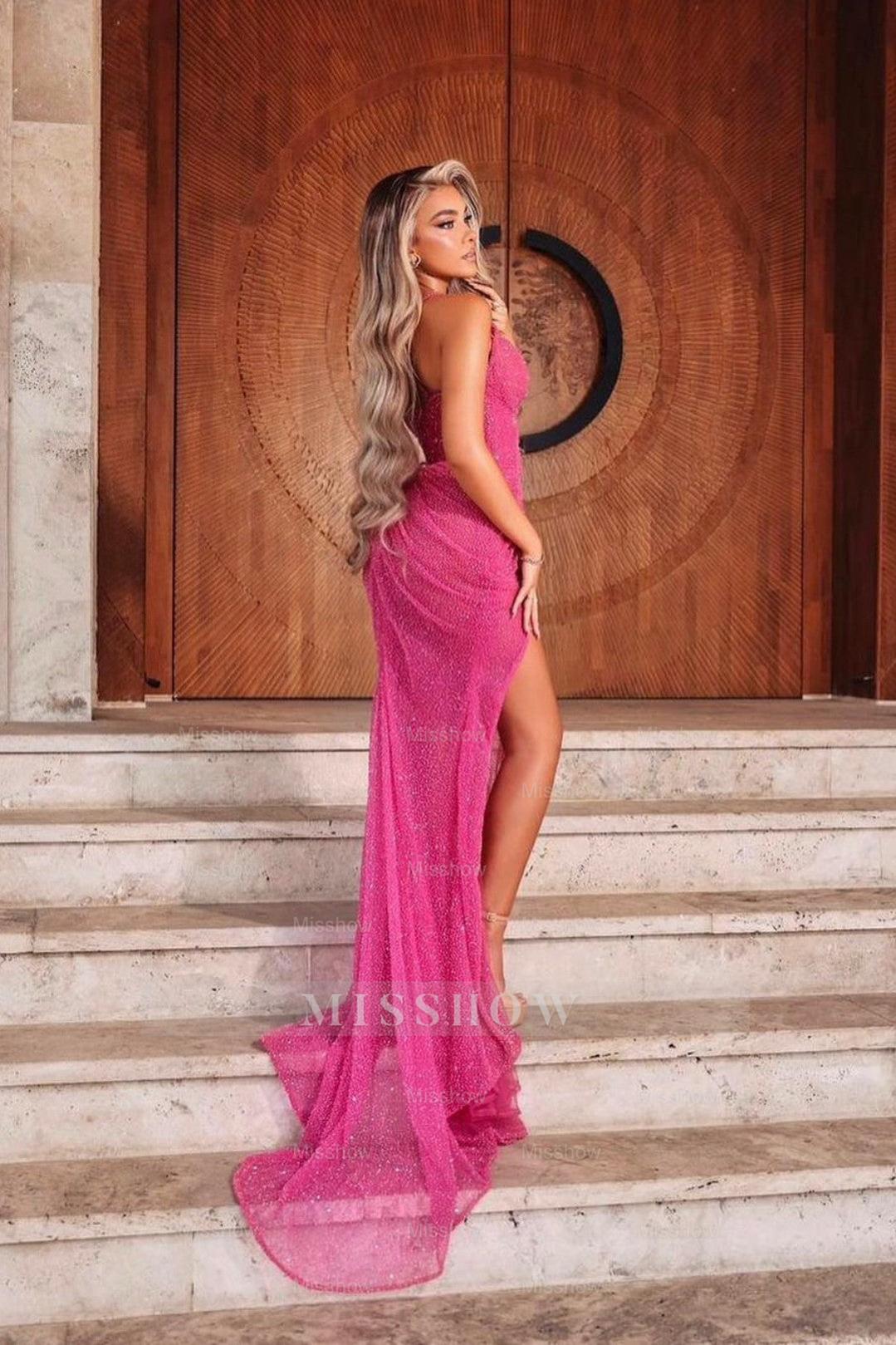 Pink Rhinestone Halter V-Neck Sequined Mermaid Slit Floor Length Formal Evening Gown