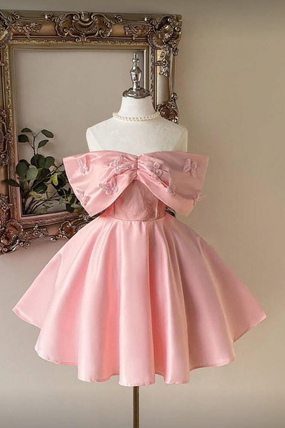 Pink Rhinestone Off-The-Shoulder Sleeveless Bow Applique A-Line Satin Mini Formal Dress
