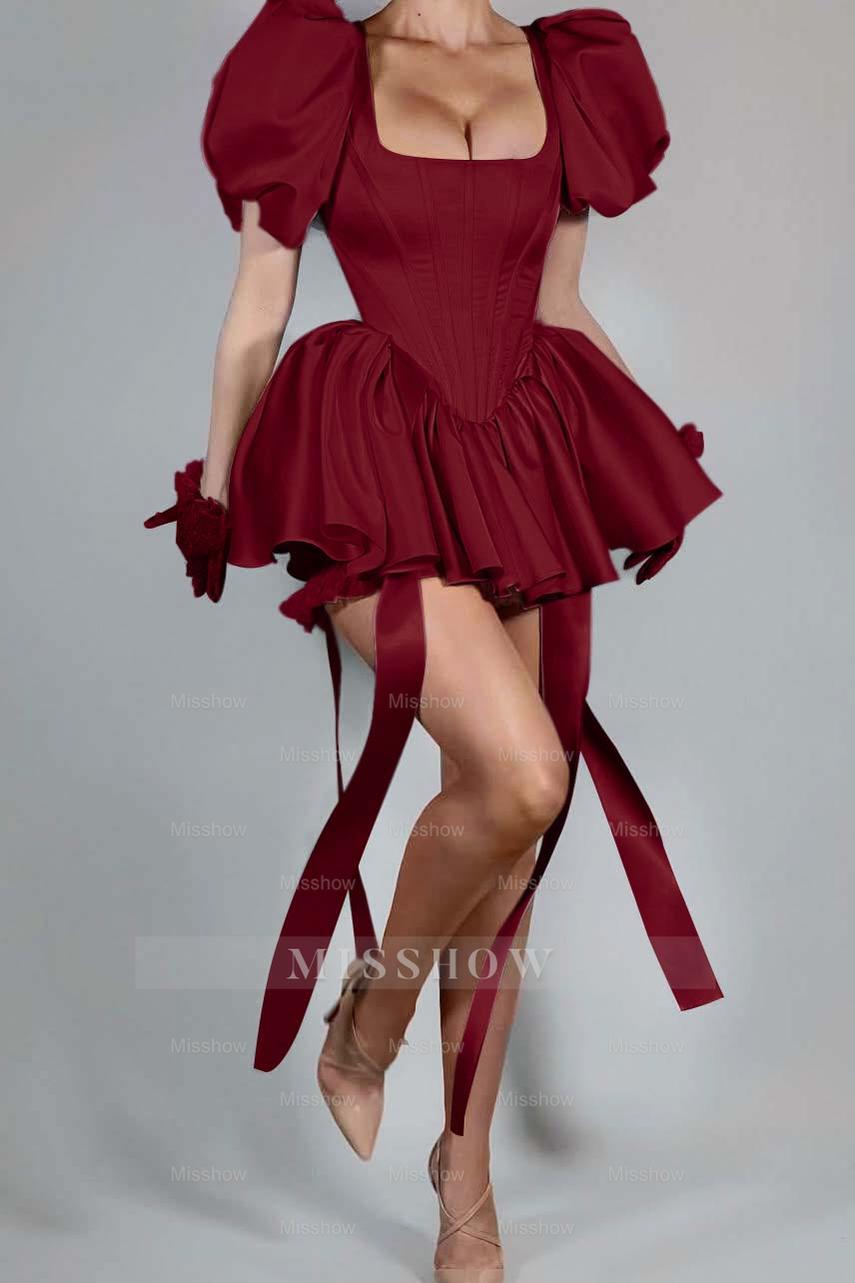 Pink Rhinestone Square Bubble Sleeves Fit and Flare Ruffled Pleated Mini Formal Dress