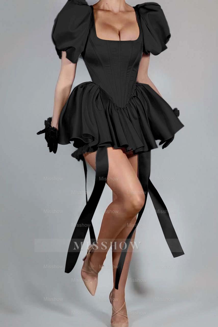 Pink Rhinestone Square Bubble Sleeves Fit and Flare Ruffled Pleated Mini Formal Dress