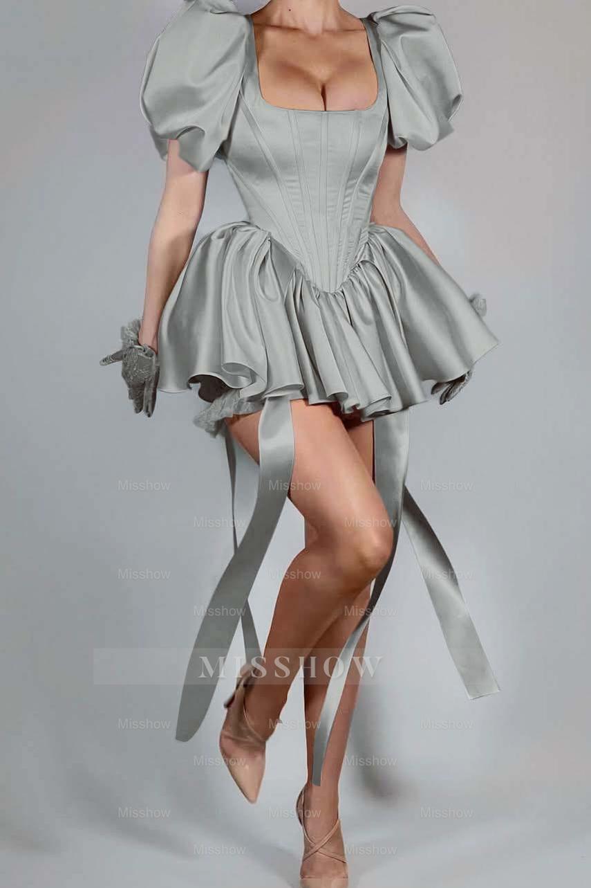 Pink Rhinestone Square Bubble Sleeves Fit and Flare Ruffled Pleated Mini Formal Dress