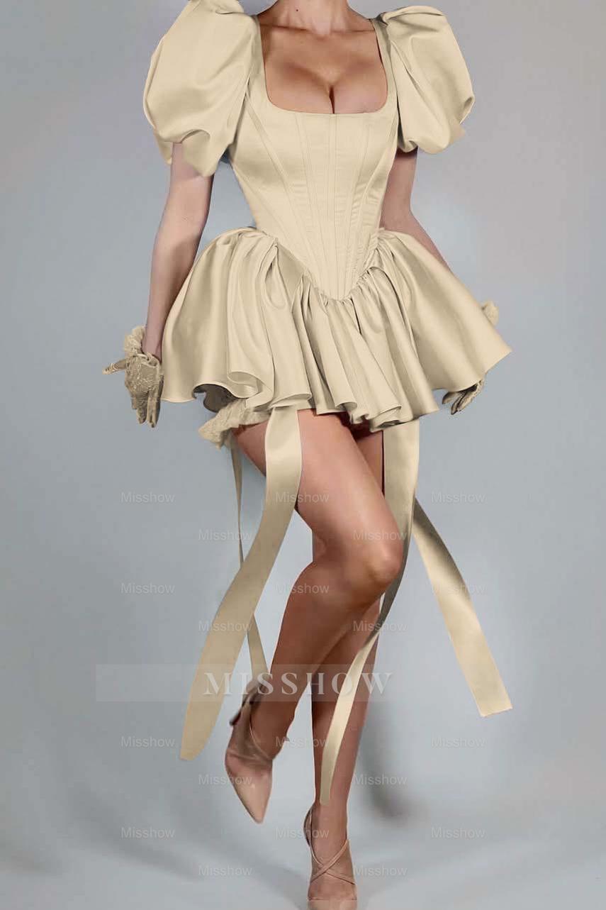 Pink Rhinestone Square Bubble Sleeves Fit and Flare Ruffled Pleated Mini Formal Dress