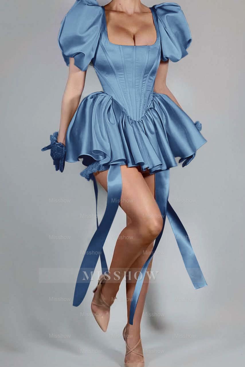 Pink Rhinestone Square Bubble Sleeves Fit and Flare Ruffled Pleated Mini Formal Dress