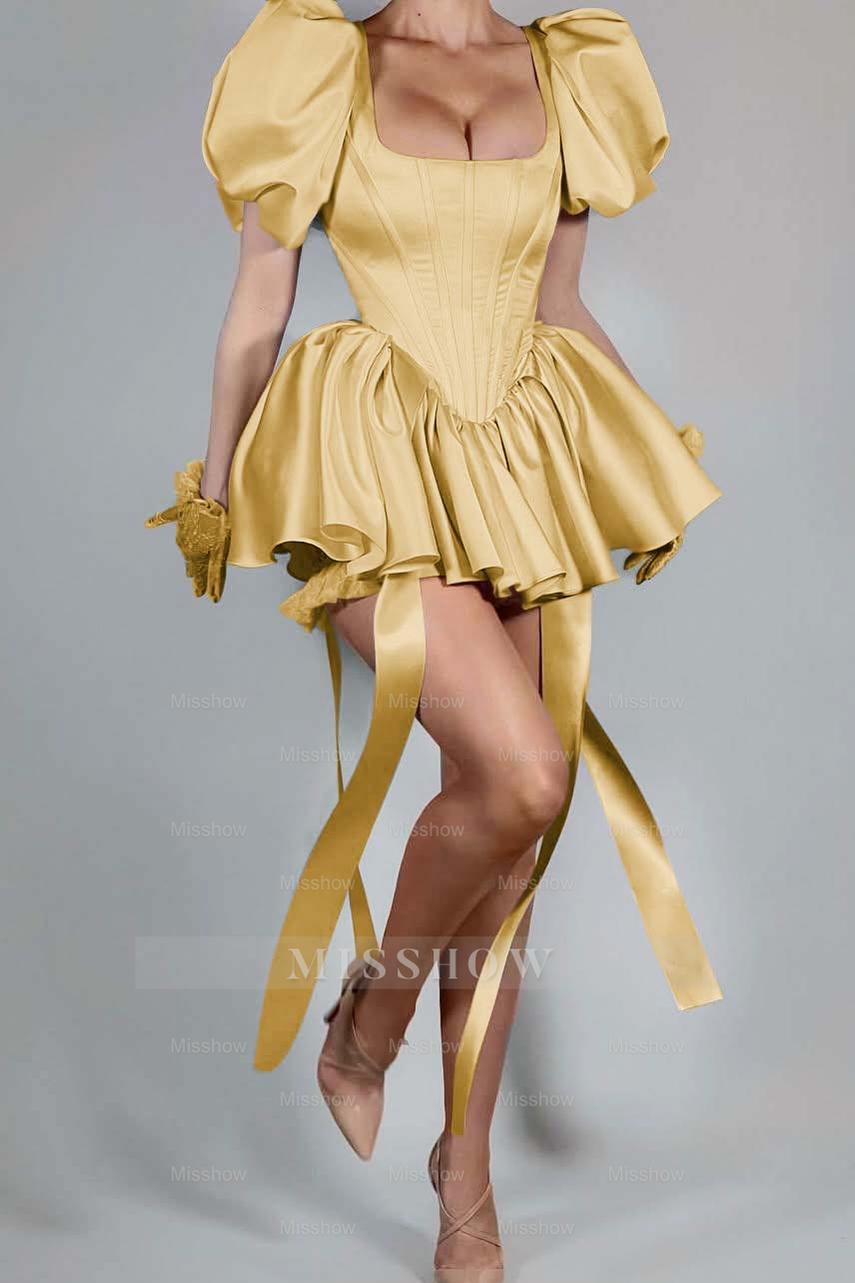 Pink Rhinestone Square Bubble Sleeves Fit and Flare Ruffled Pleated Mini Formal Dress