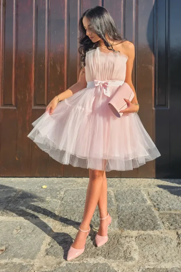 Pink Rhinestone Strapless Sleeveless Bow Ruffled Tulle A Line Mini Formal Evening Dress