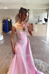 Pink Rhinestone Sweetheart Sleeveless A-Line Satin Beaded Floor Length Formal Evening Gown