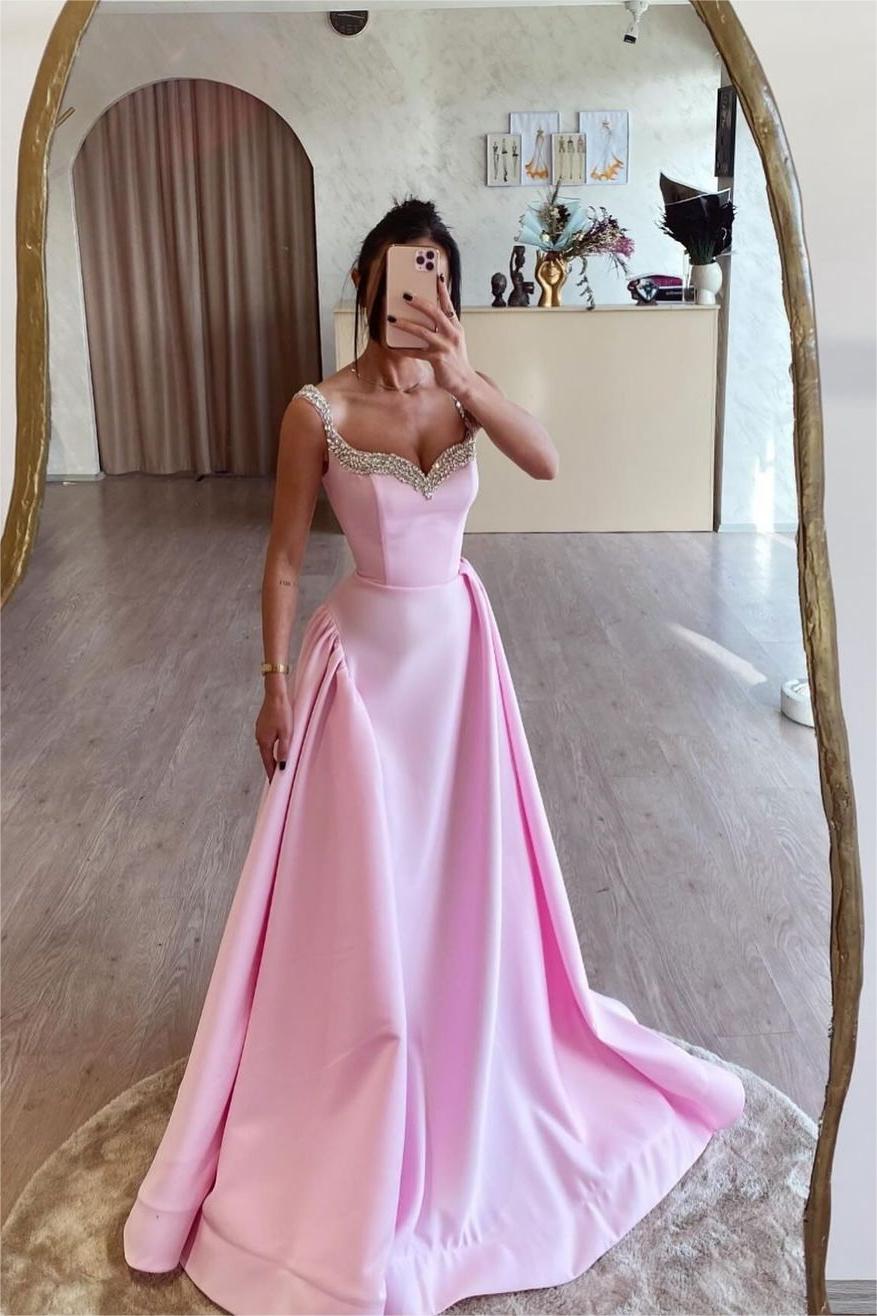 Pink Rhinestone Sweetheart Sleeveless A-Line Satin Beaded Floor Length Formal Evening Gown