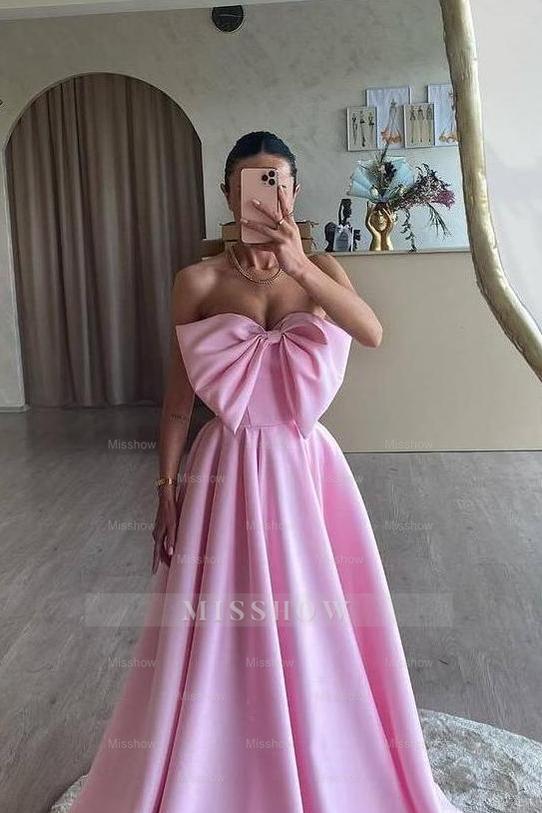 Pink Rhinestone Sweetheart Sleeveless Bow A-Line Satin Floor Length Formal Evening Gown