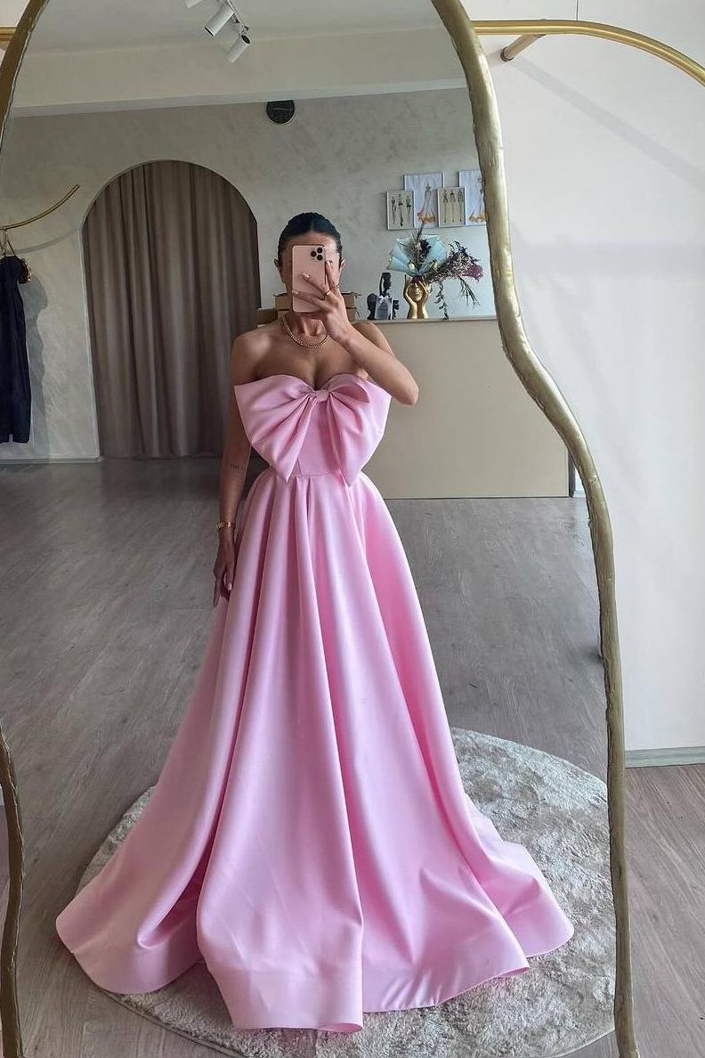 Pink Rhinestone Sweetheart Sleeveless Bow A-Line Satin Floor Length Formal Evening Gown