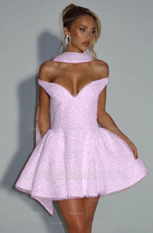Pink Rhinestone Sweetheart Sleeveless Fit and Flare Sequined Mini Formal Evening Dress