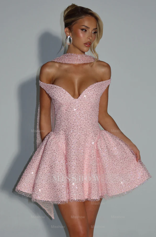 Pink Rhinestone Sweetheart Sleeveless Fit and Flare Sequined Mini Formal Evening Dress