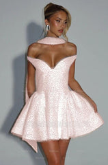 Pink Rhinestone Sweetheart Sleeveless Fit and Flare Sequined Mini Formal Evening Dress