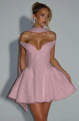Pink Rhinestone Sweetheart Sleeveless Fit and Flare Sequined Mini Formal Evening Dress
