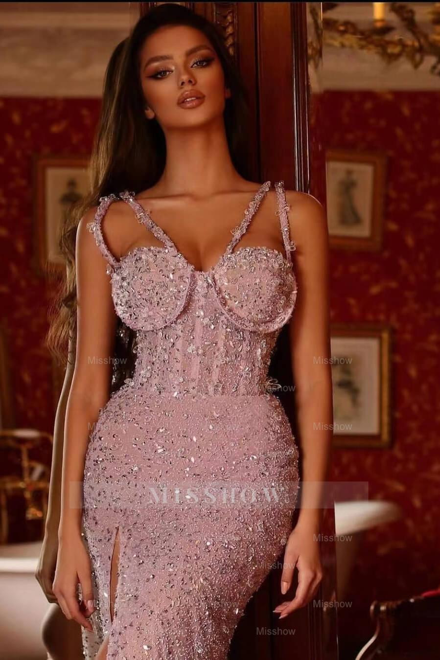 Pink Rhinestone Sweetheart Sleeveless Sequined Mermaid Floor Length Formal Evening Gown
