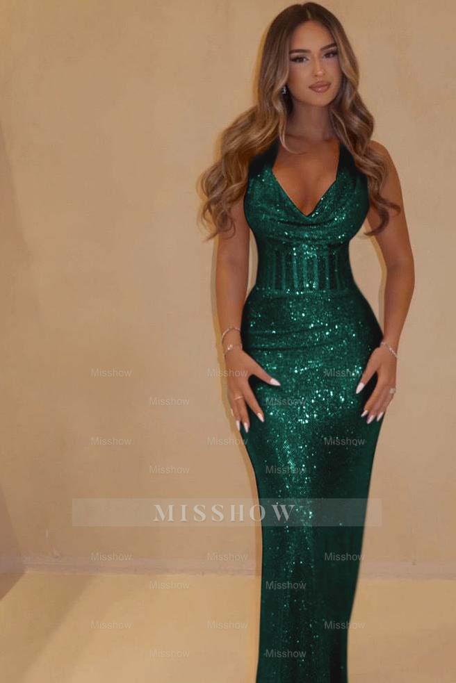 Pink Sequin Halter V-Neck Sleeveless Mermaid Corset Floor Length Formal Evening Gown