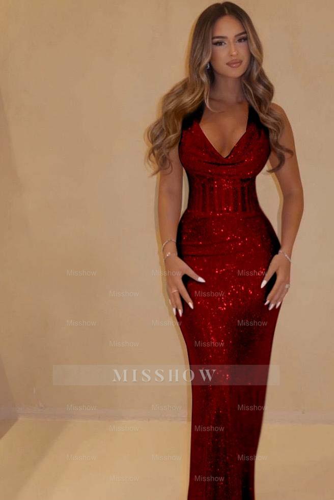 Pink Sequin Halter V-Neck Sleeveless Mermaid Corset Floor Length Formal Evening Gown